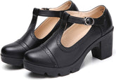 Square Toe Black Leather Classic T-Strap Dress Pump Shoes